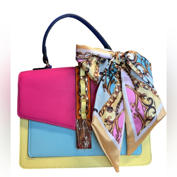 Aldo NWT Colorful Pink Blue Yellow Satchel Crossbody & Scarf Purse Bag (P054) - Picture 2 of 11
